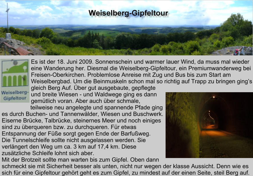 Es ist der 18. Juni 2009. Sonnenschein und warmer lauer Wind, da muss mal wieder eine Wanderung her. Diesmal die Weiselberg-Gipfeltour, ein Premiumwanderweg bei Freisen-Oberkirchen. Problemlose Anreise mit Zug und Bus bis zum Start am Weiselbergbad. Um die Beinmuskeln schon mal so richtig auf Trapp zu bringen gings gleich Berg Auf. ber gut ausgebaute, gepflegte und breite Wiesen - und Waldwege ging es dann gemtlich voran. Aber auch ber schmale, teilweise neu angelegte und spannende Pfade ging es durch Buchen- und Tannenwlder, Wiesen und Buschwerk. Eiserne Brcke, Talbrcke, steinernes Meer und noch einiges sind zu berqueren bzw. zu durchqueren. Fr etwas Entspannung der Fe sorgt gegen Ende der Barfuweg. Die Tunnelschleife sollte nicht ausgelassen werden. Sie verlngert den Weg um ca. 3 km auf 17,4 km. Diese zustzliche Schleife lohnt sich aber. Mit der Brotzeit sollte man warten bis zum Gipfel. Oben dann schmeckt sie mit Sicherheit besser als unten, nicht nur wegen der klasse Aussicht. Denn wie es sich fr eine Gipfeltour gehrt geht es zum Gipfel, zu mindest auf der einen Seite, steil Berg auf.